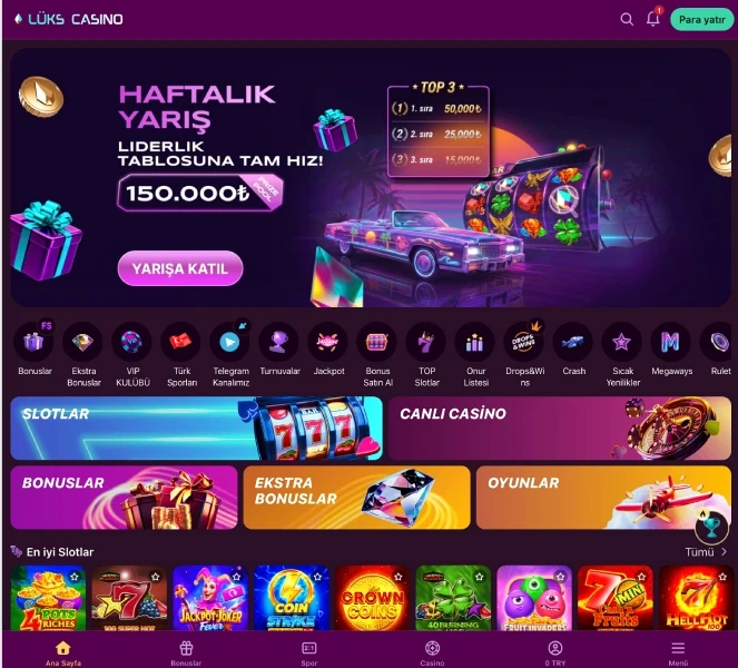Homepage lobby view Lükscasino TR main lobby screen with a Weekly Race banner, quick category icons and a Top Slots row